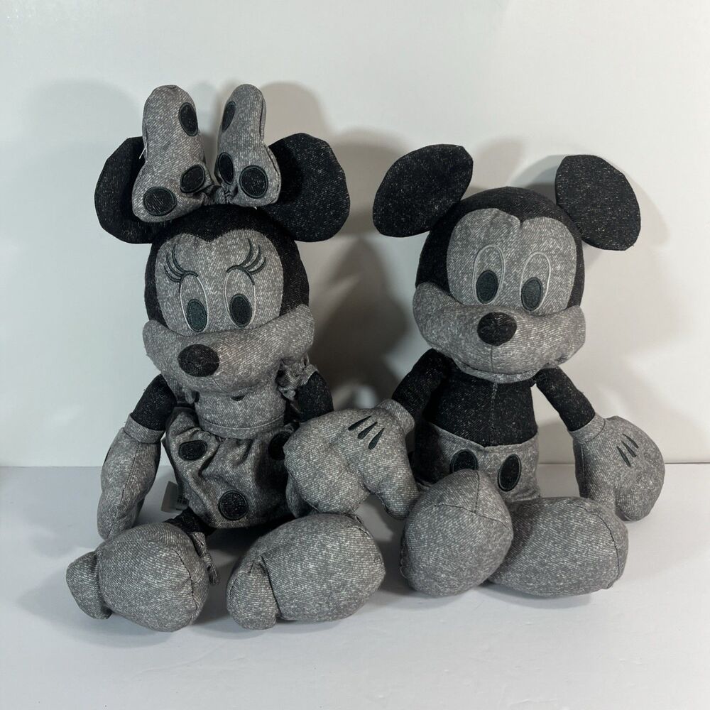 Disney Parks Minnie Mouse And Mickey  Black & White Denim15" Plush Dolls